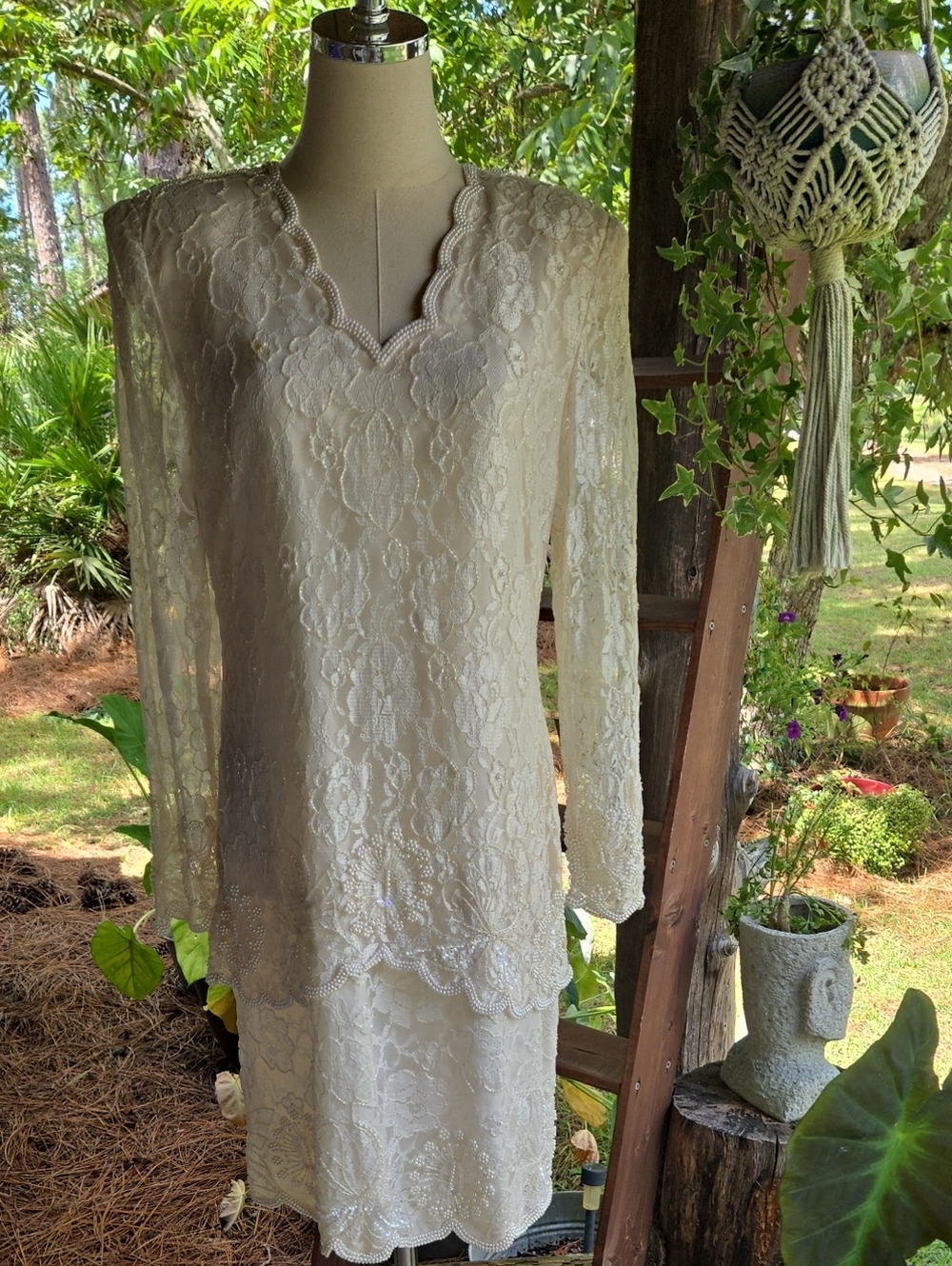Laurence Kazar Vintage Cream Beaded Formal Midi Dress Size Large